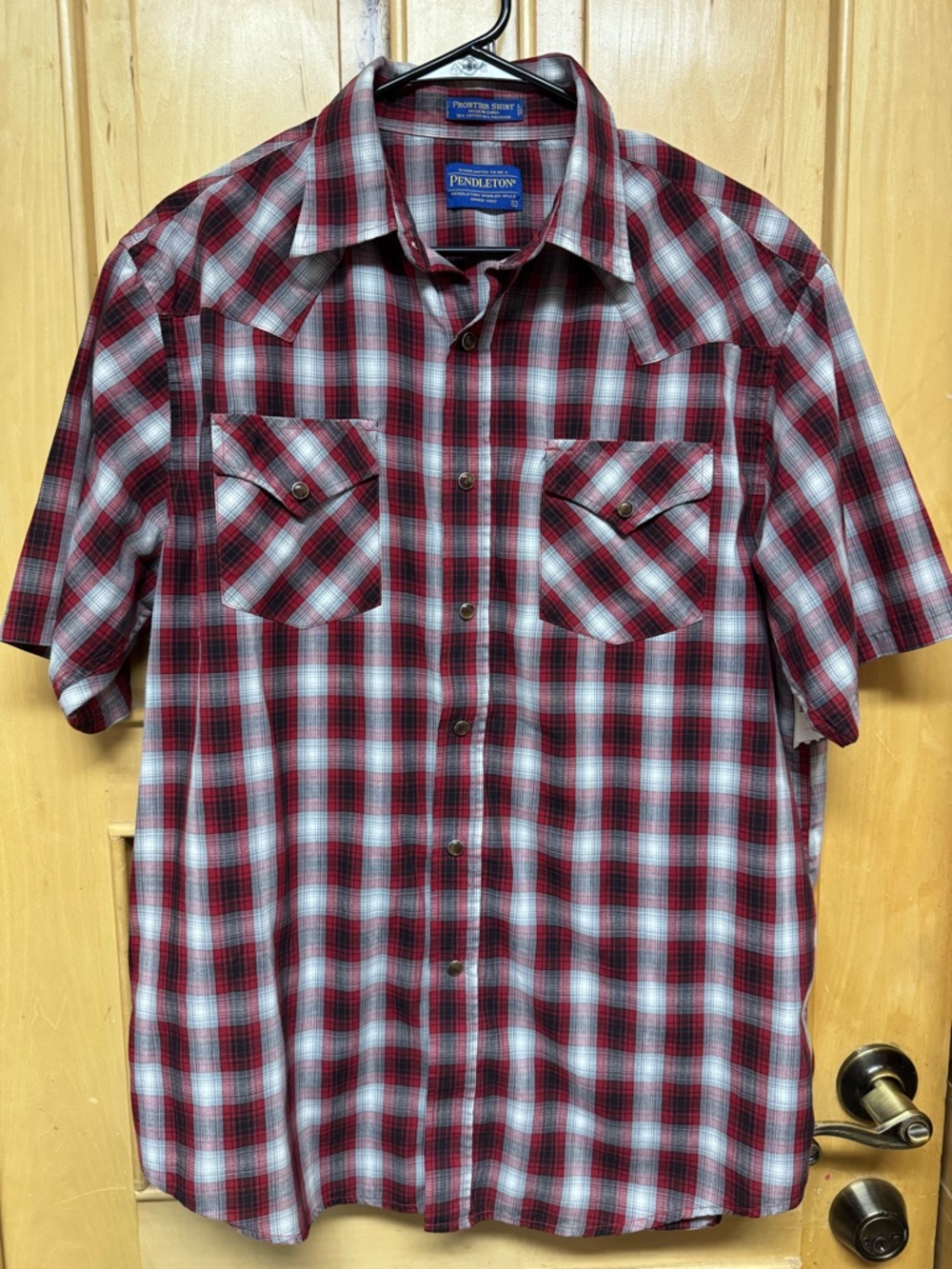 Pendleton Frontier Shirt Red and Gray Plaid Short-Sleeve Pearl Snap Button